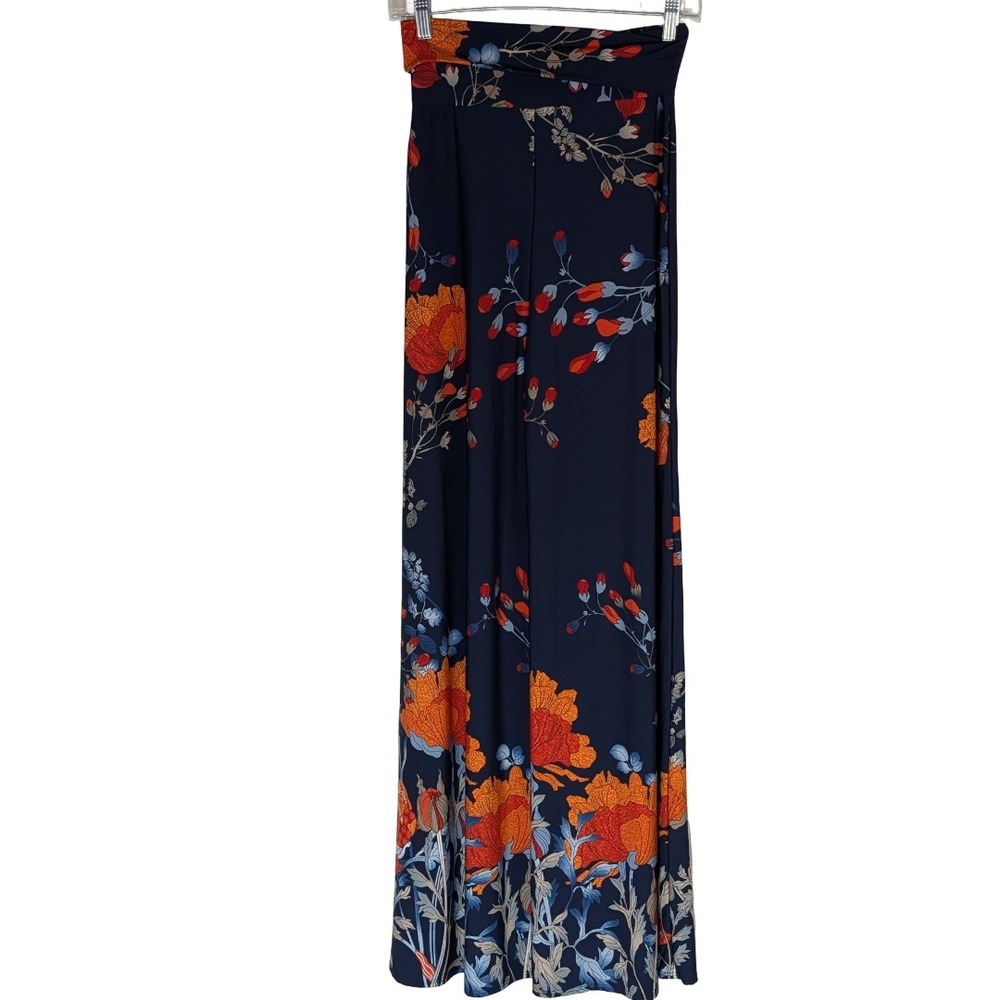 True Light Palazzo Pants Women Small Navy Blue Orange Floral High Rise Wide Leg